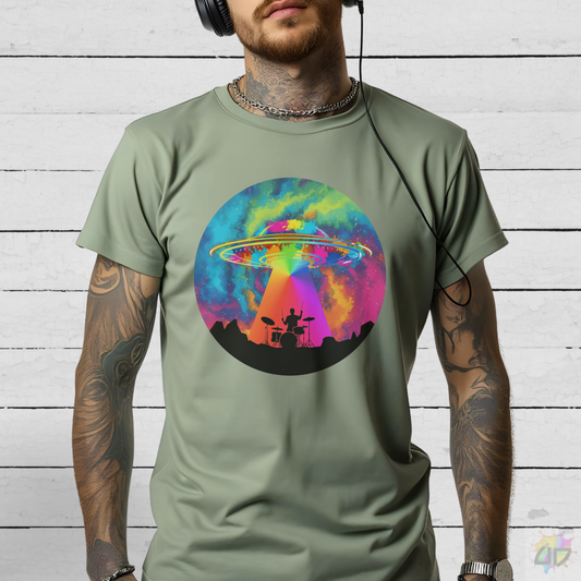Drummer Being Abducted in a Psychedelic Beam Graphic Tee.