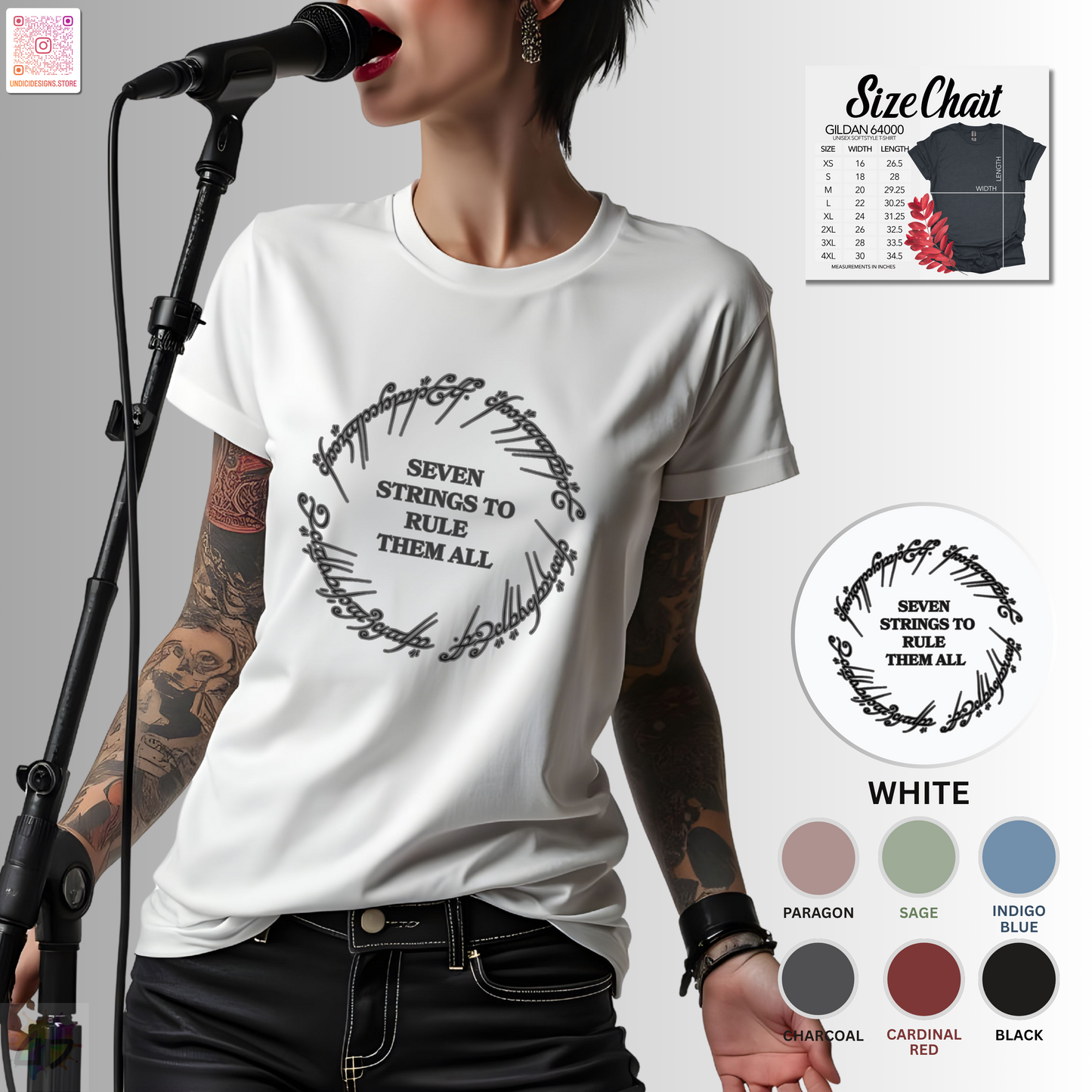 "Seven strings to rule them all" in a circular graphic tee.