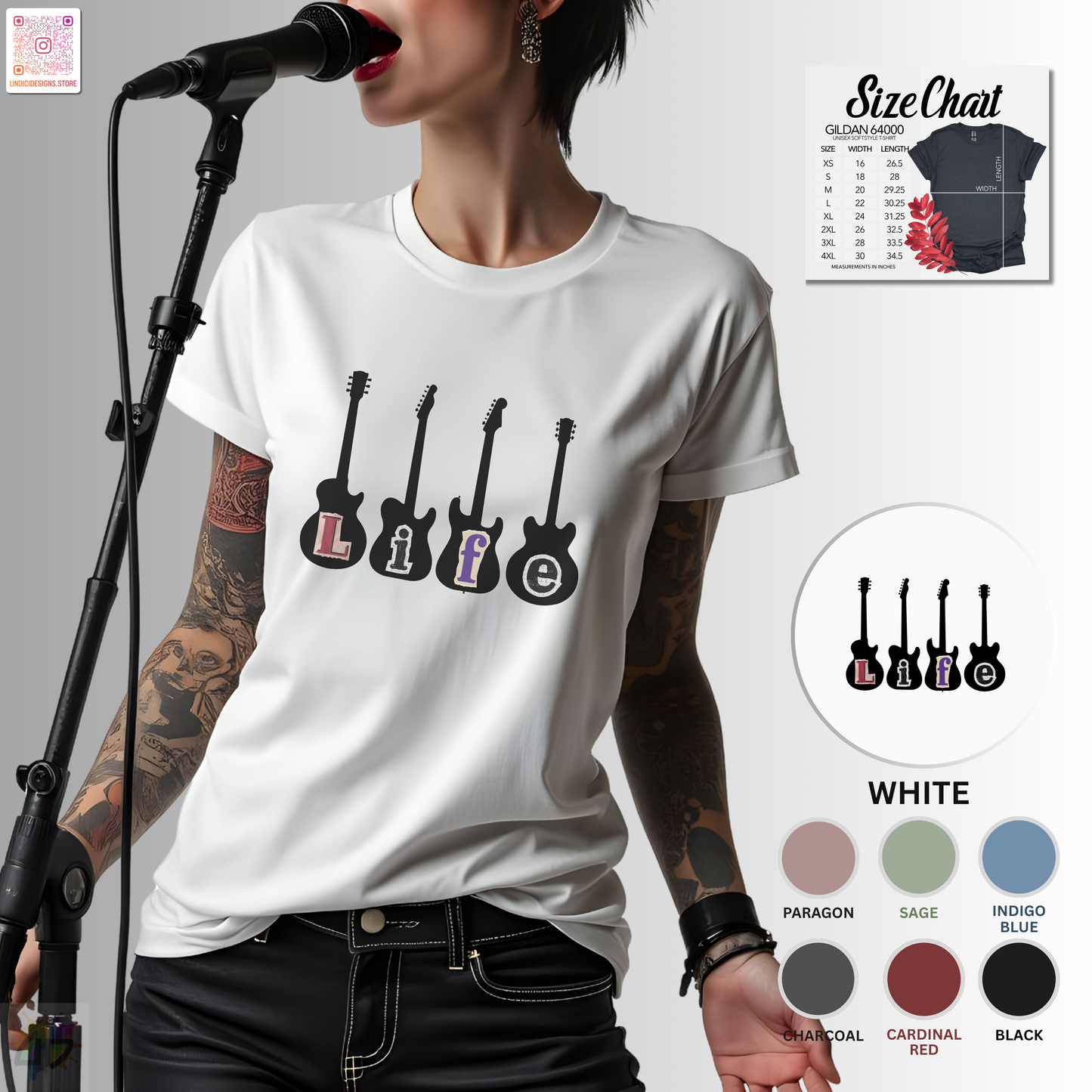 "Life" in four white guitar silhouettes graphic tee.