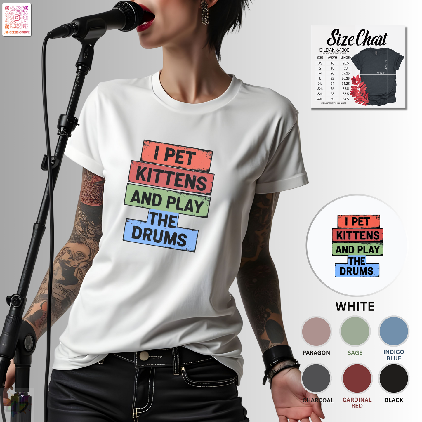 "I pet kittens and play the drums" in colorful highlights graphic tee.