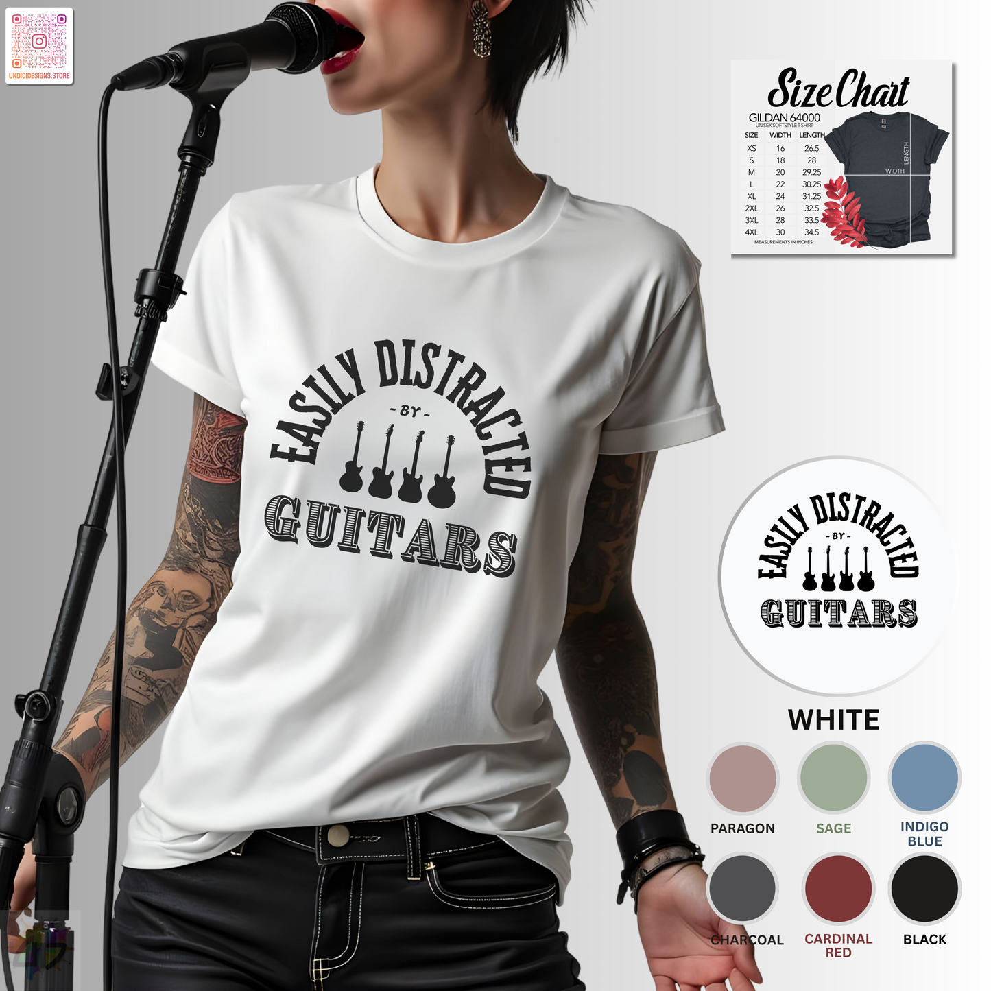 "Easily distracted by guitars" in a radius graphic tee.