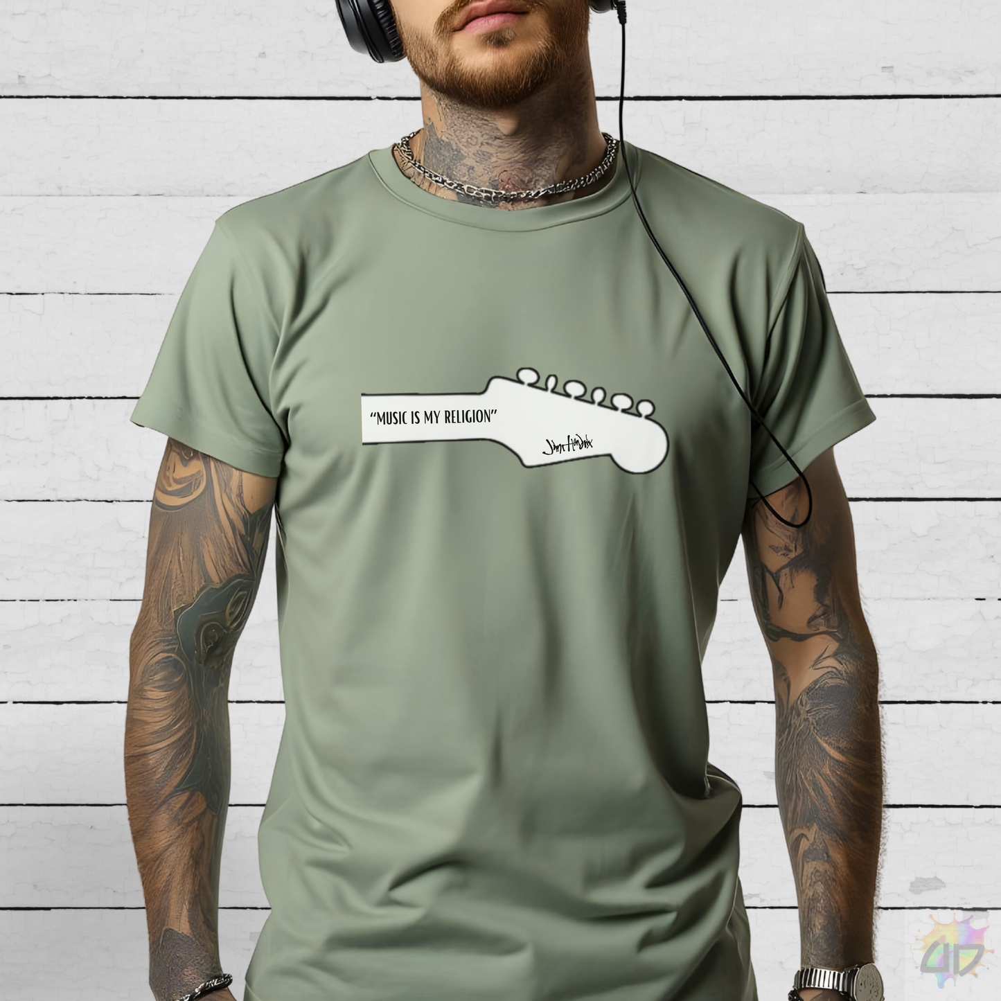 "Music Is My Religion" JH Quote on Guitar Headstock Graphic Tee.