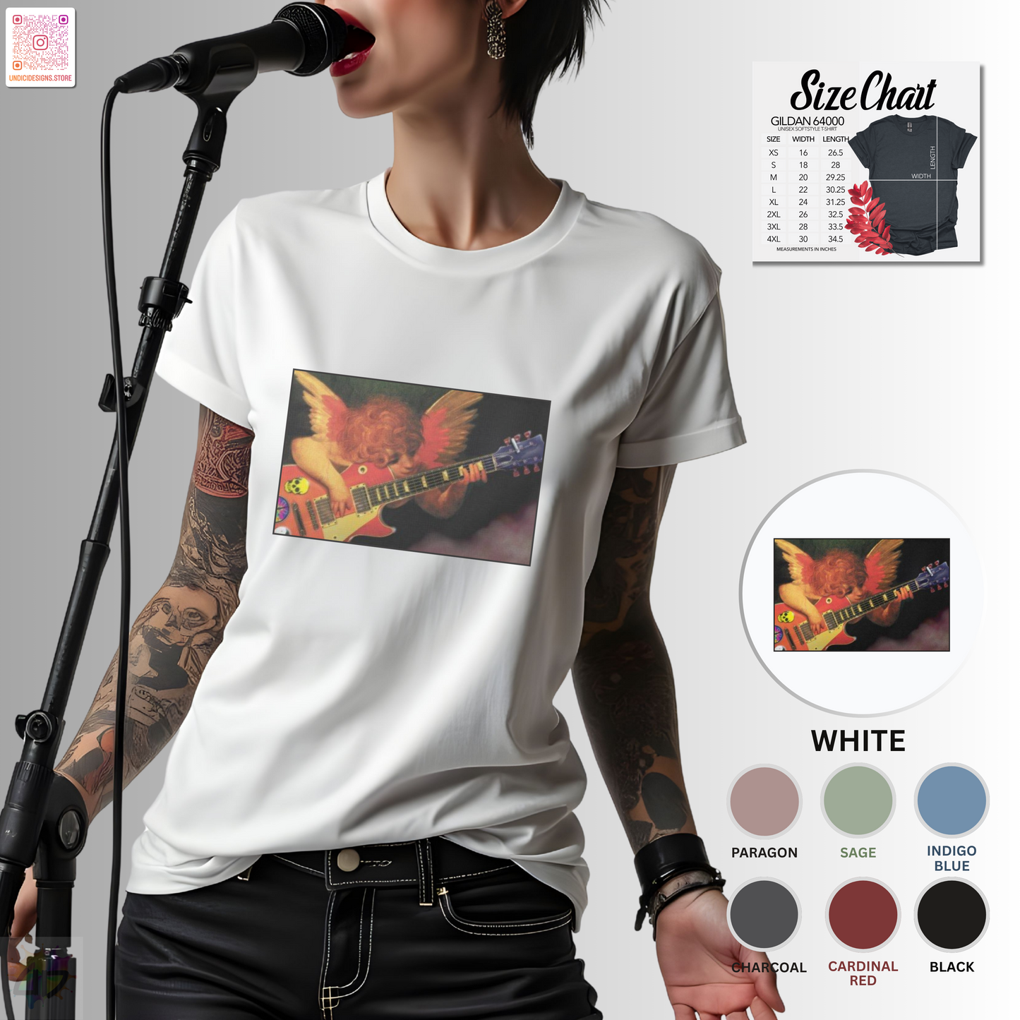 Cherub playing a guitar graphic tee.