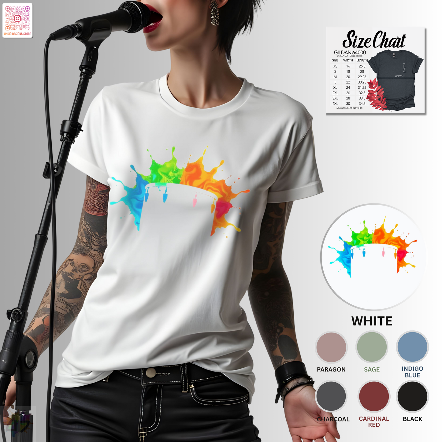Colorful drum silhouette in a vibrant splash graphic tee.