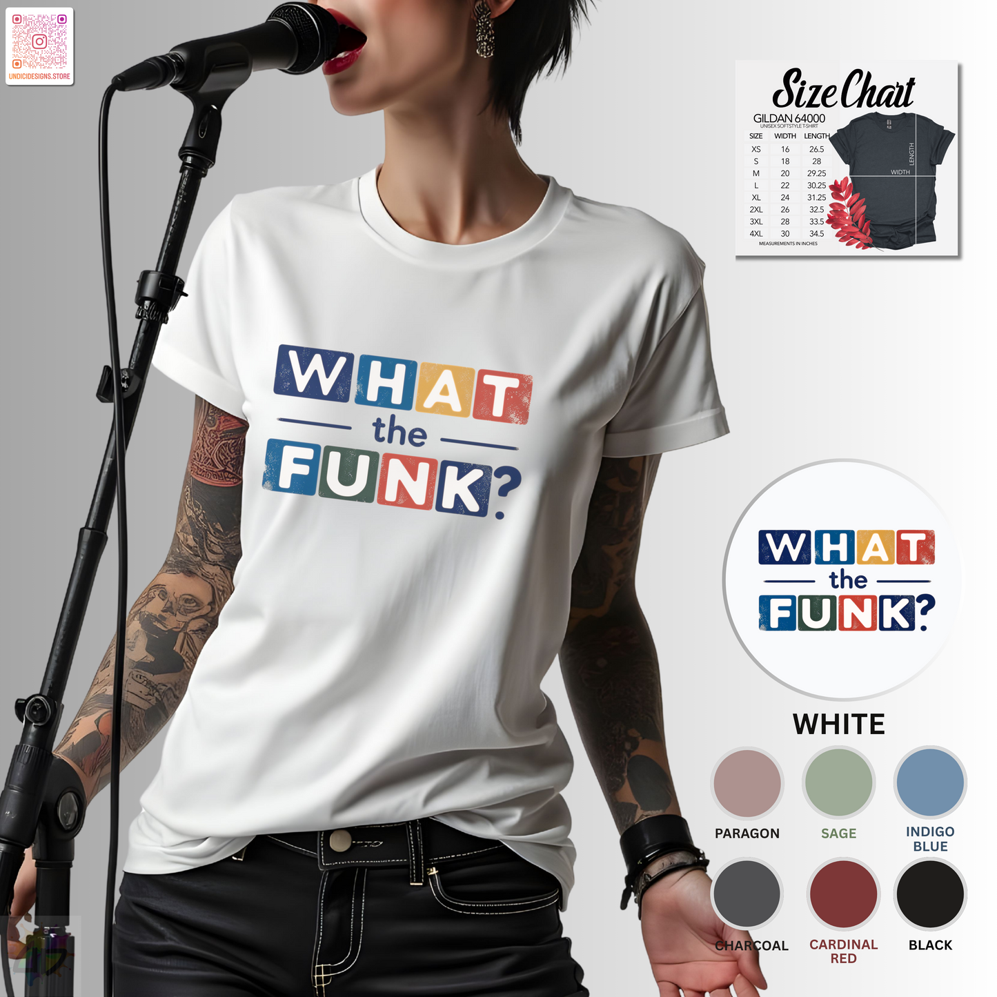 "What the Funk" in colorful highlight graphic tee.