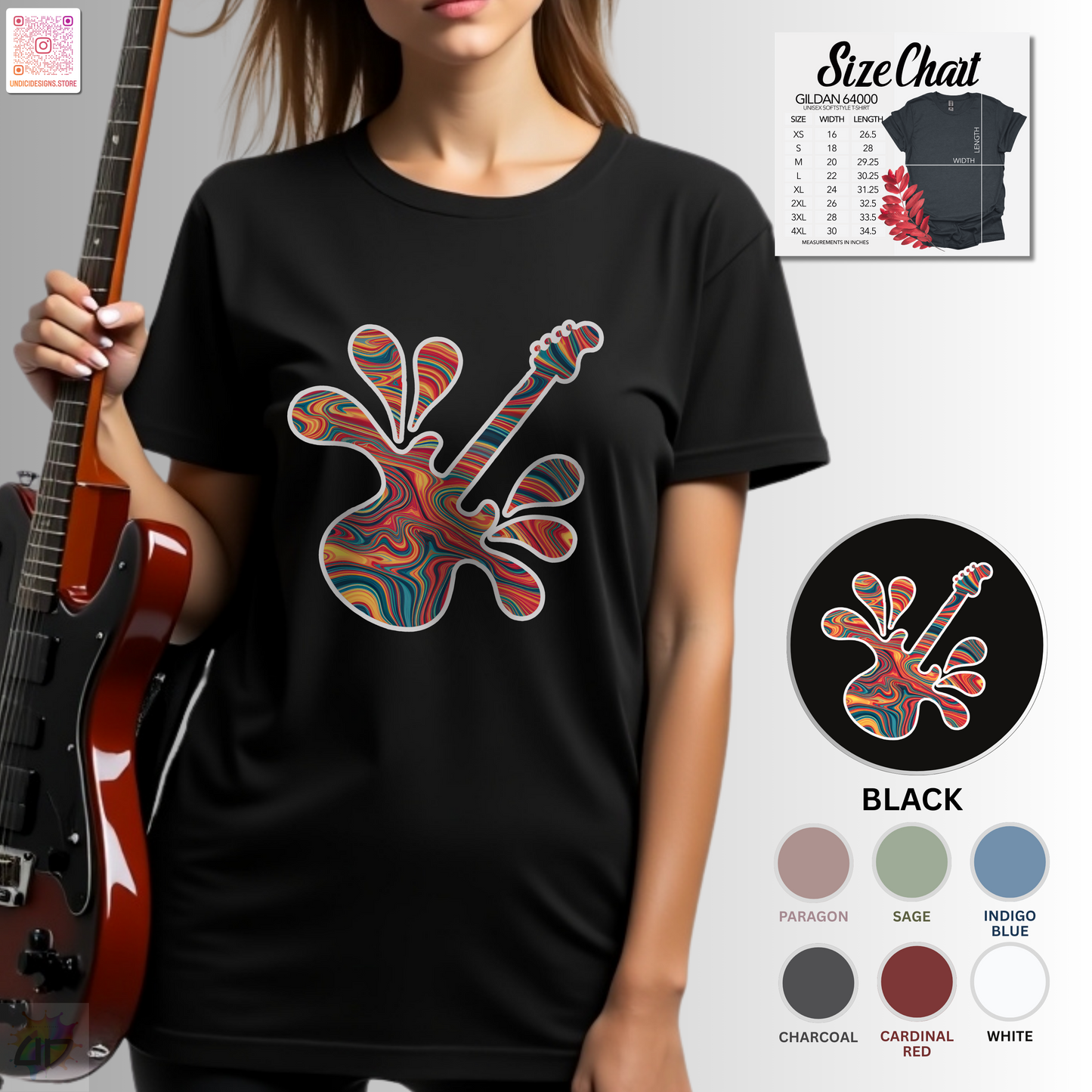 Tie-dye guitar in a vibrant splash graphic tee.