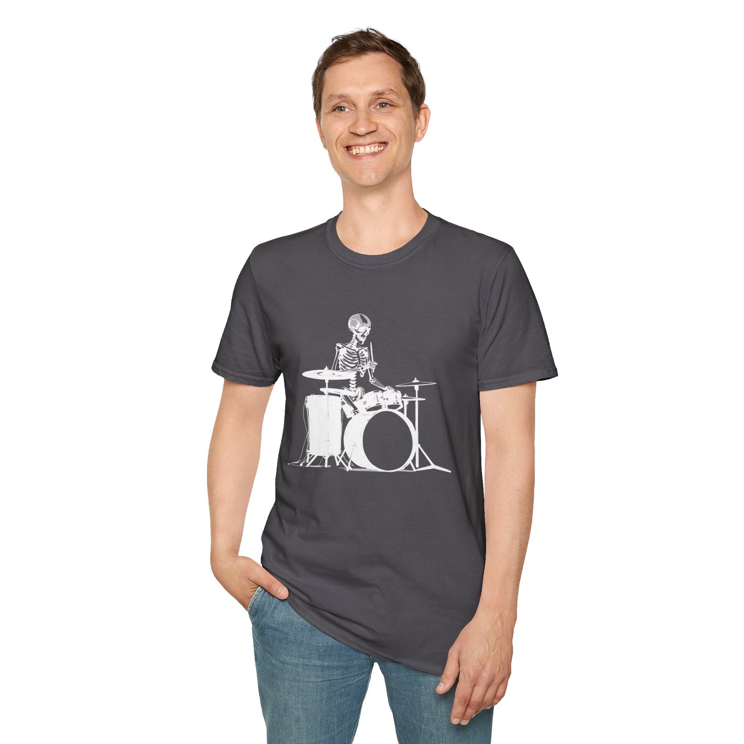 Skeleton silhouette playing drums in a circular background graphic.