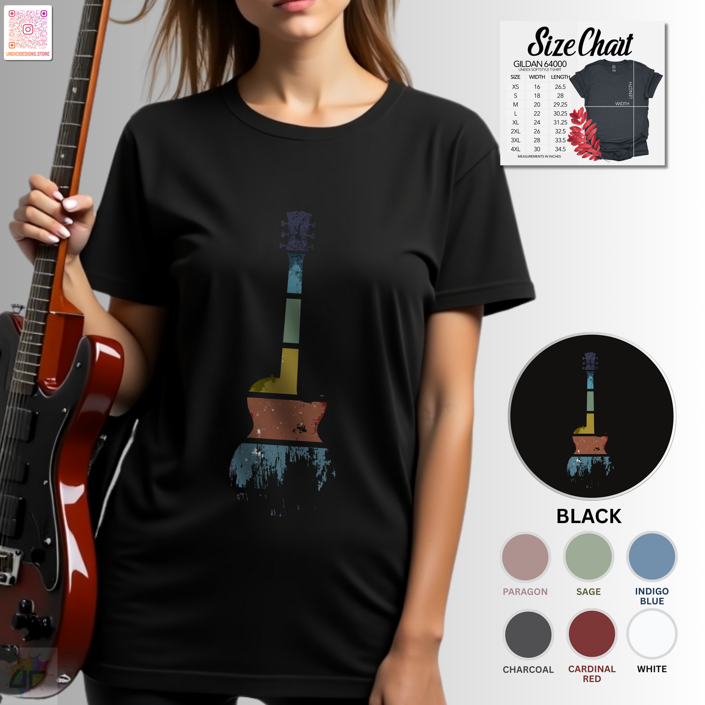 Retro sunset grunge style guitar silhouette graphic tee.