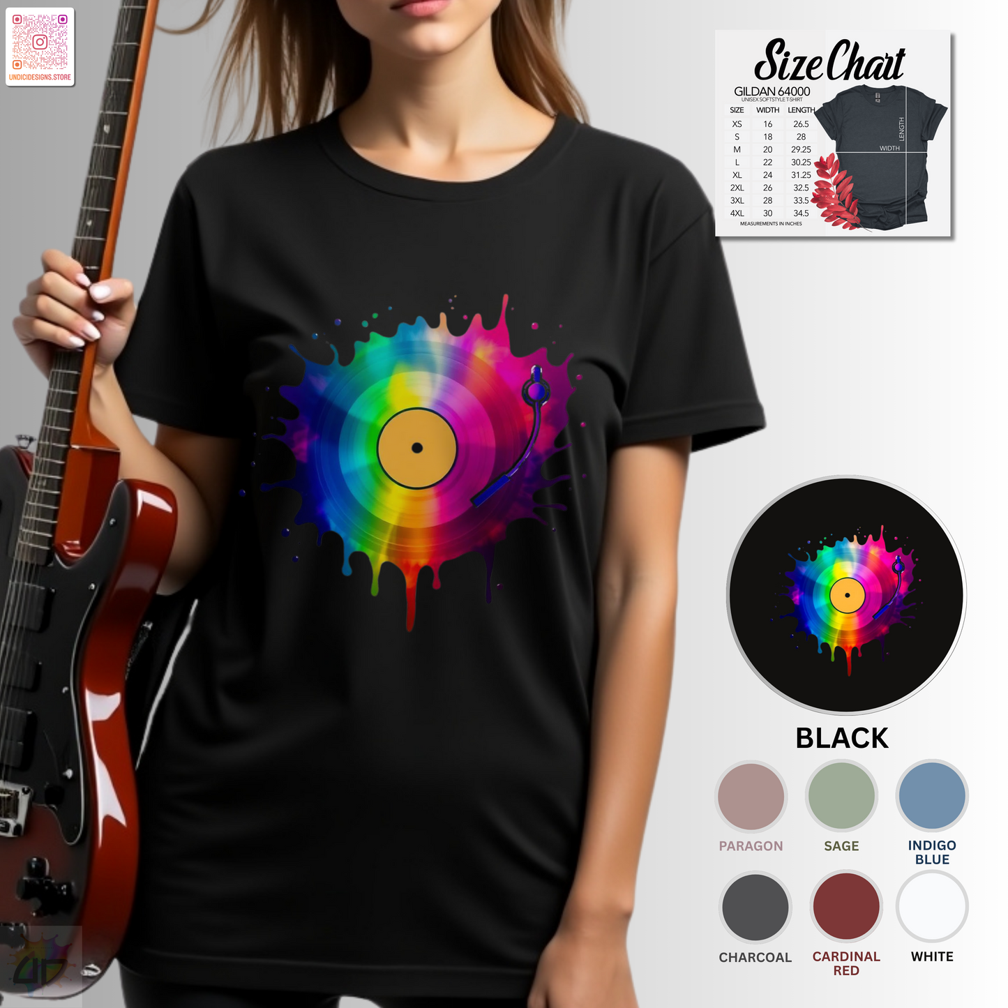 Colorful vinyl record in a multi-colored splash graphic tee.