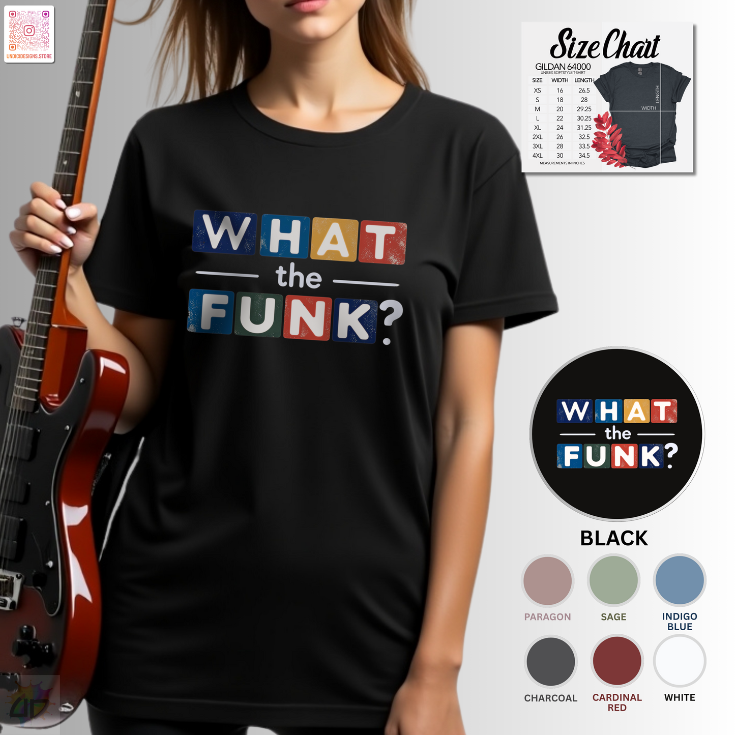 "What the Funk" in colorful highlight graphic tee.