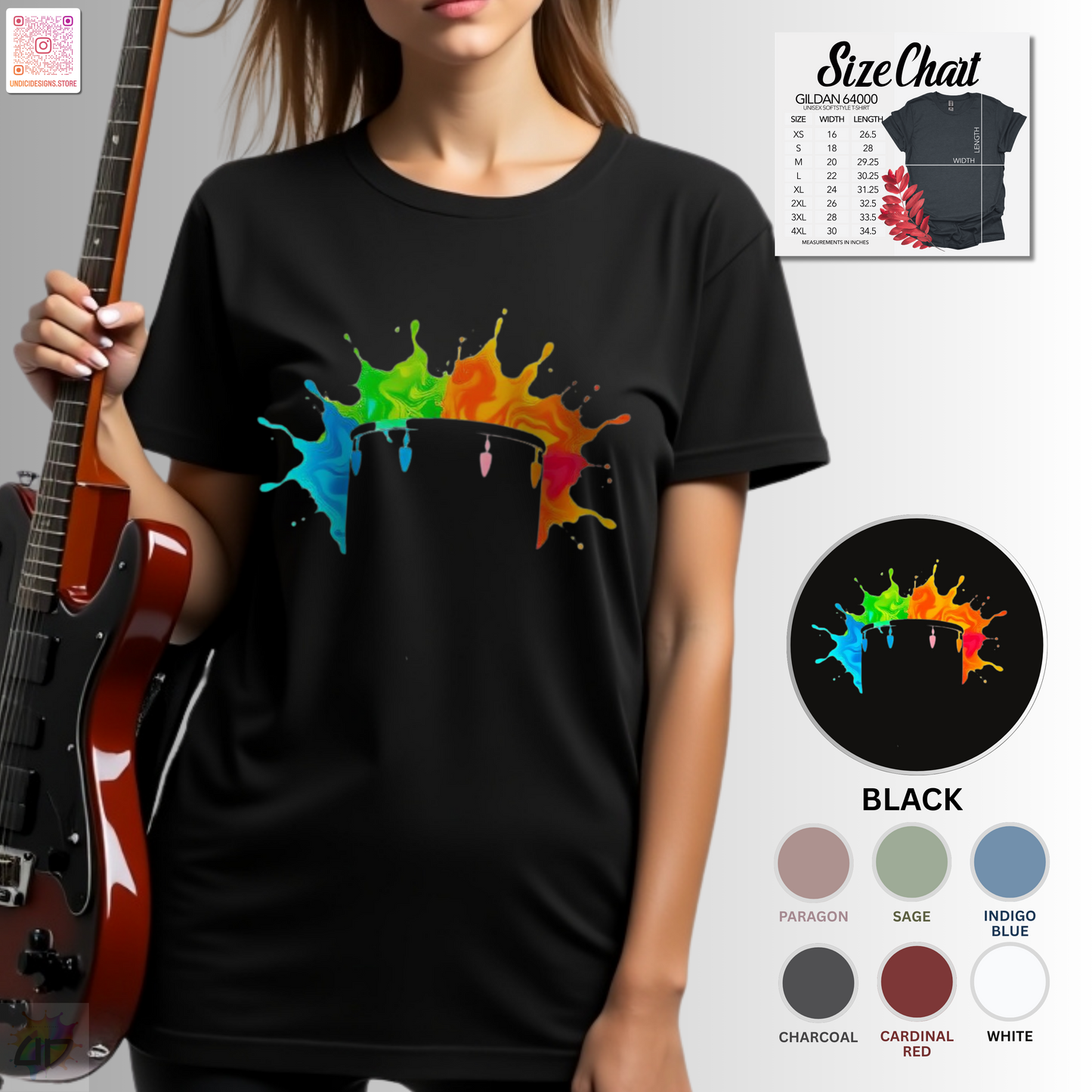 Colorful drum silhouette in a vibrant splash graphic tee.