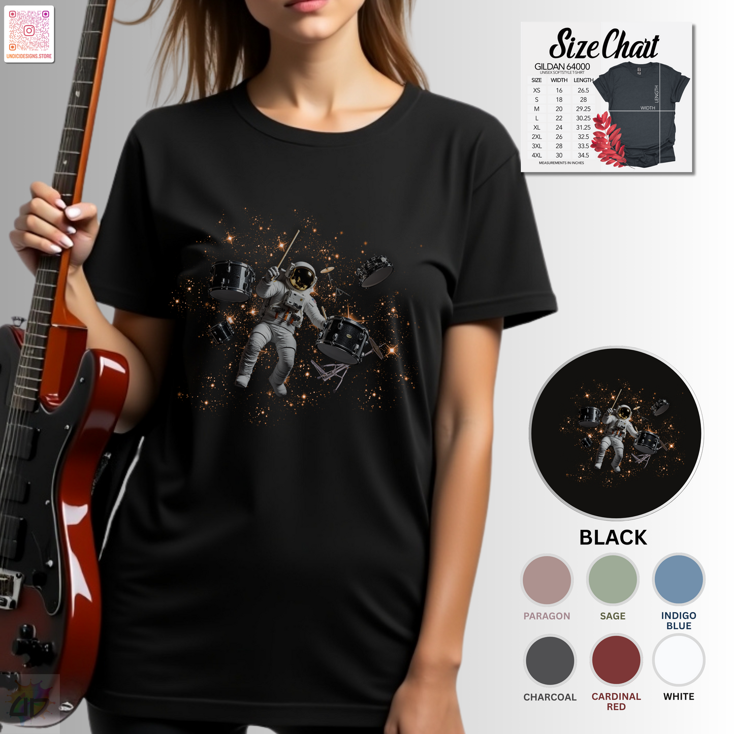 Astronaut Drummer floating in space graphic tee.