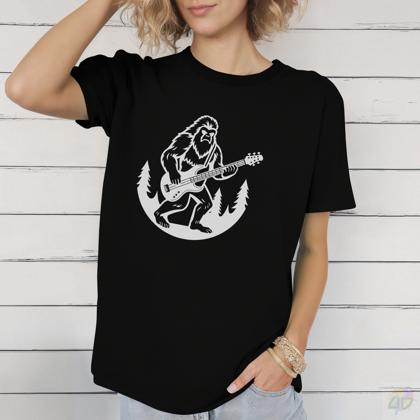 Yeti Playing a Guitar in a Circular Silhouette Graphic Tee.