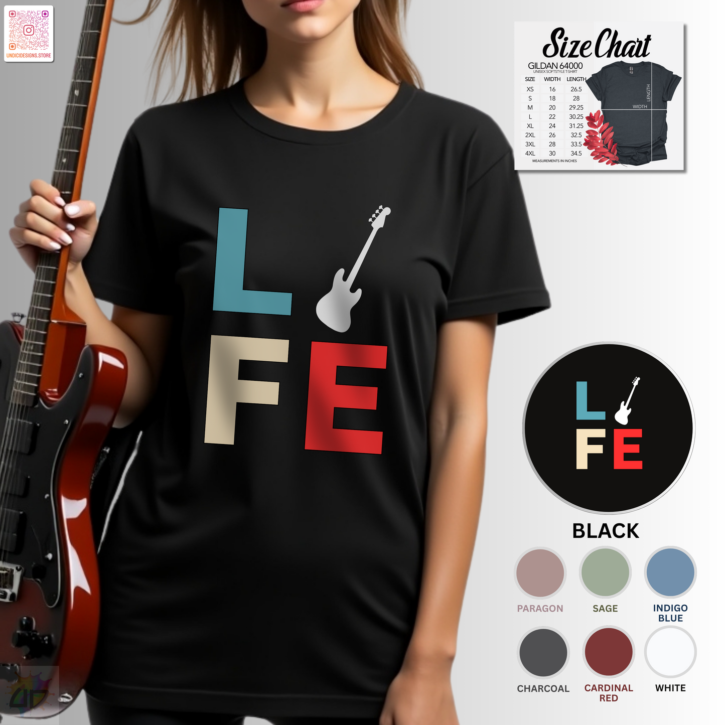 "LIFE" in colorful blocks with a bass guitar graphic tee.