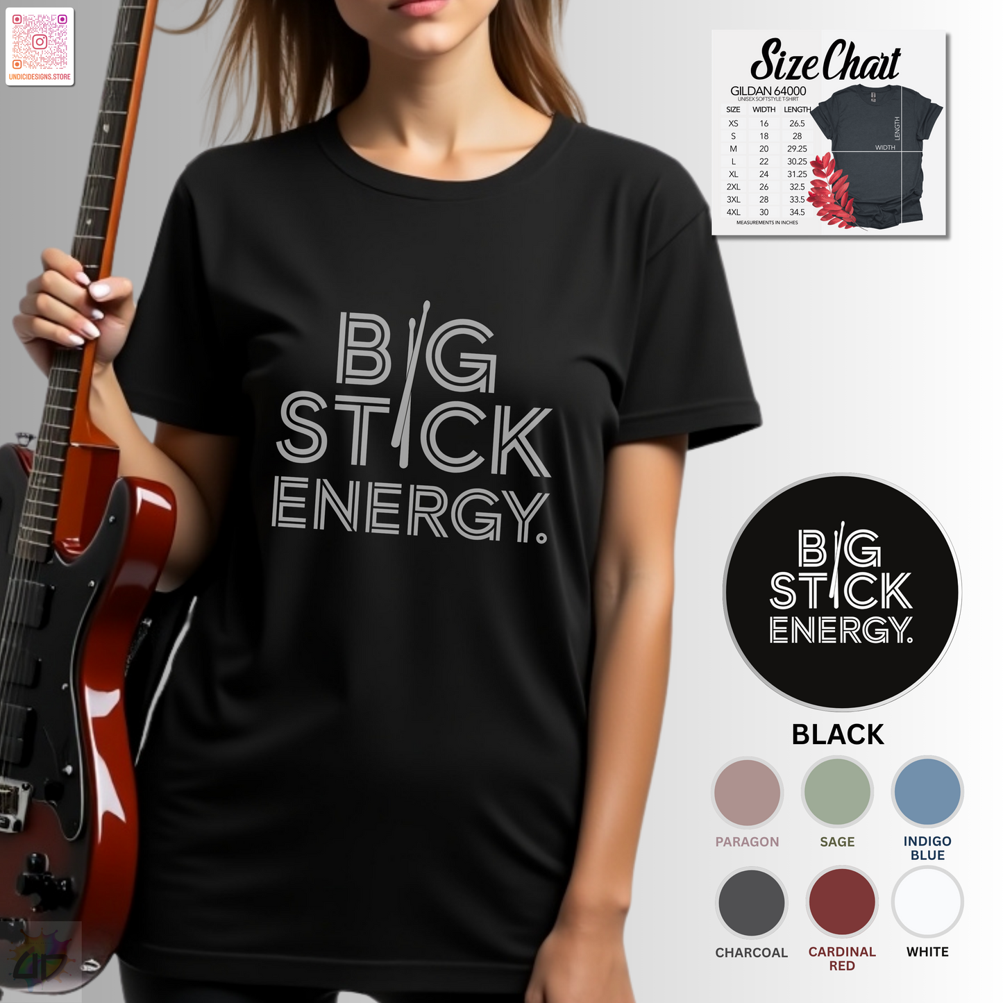 "Big stick energy" with drumsticks text graphic tee.
