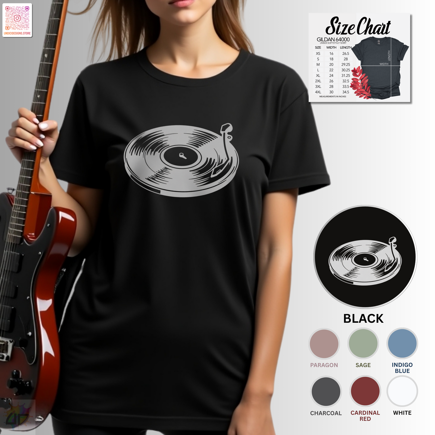 White vinyl record and needle graphic tee.