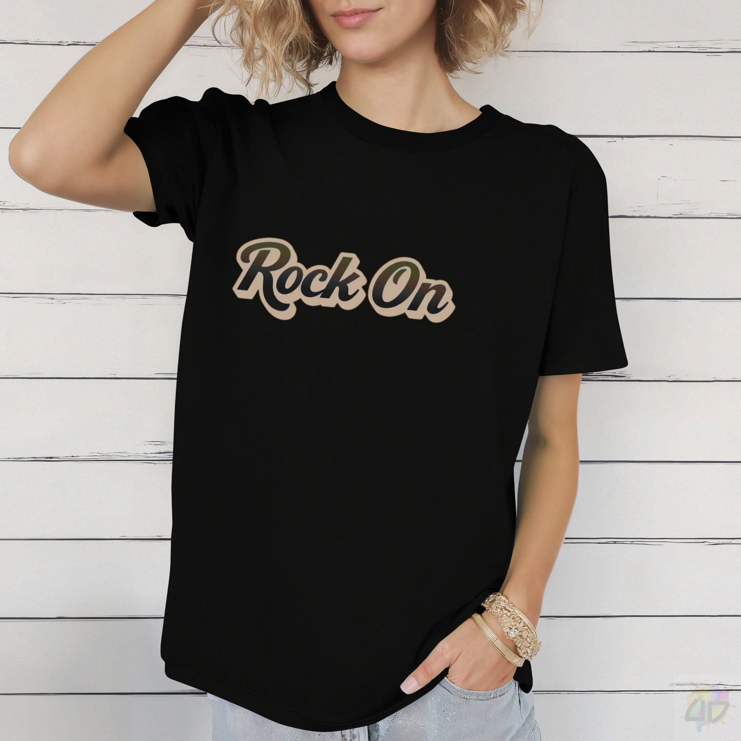 "Rock On" Vintage Text Graphic Tee.
