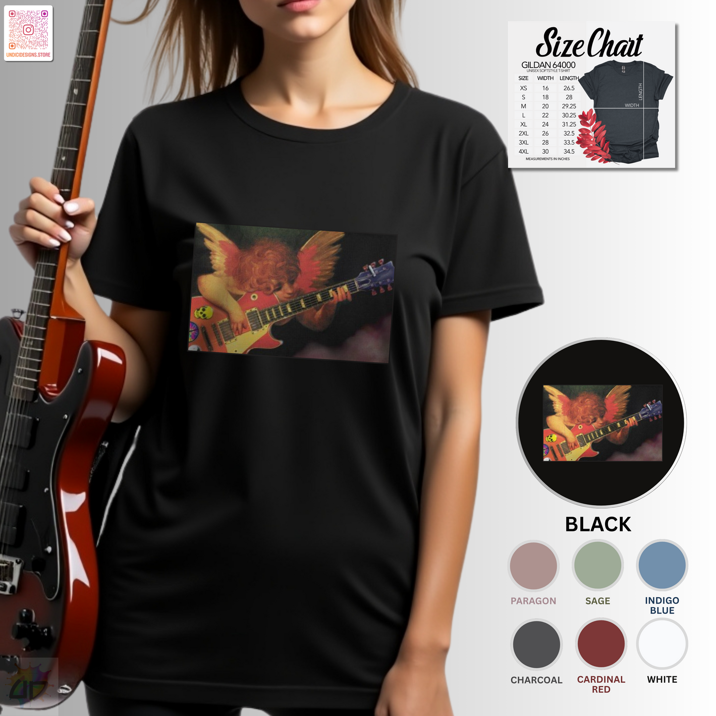 Cherub playing a guitar graphic tee.