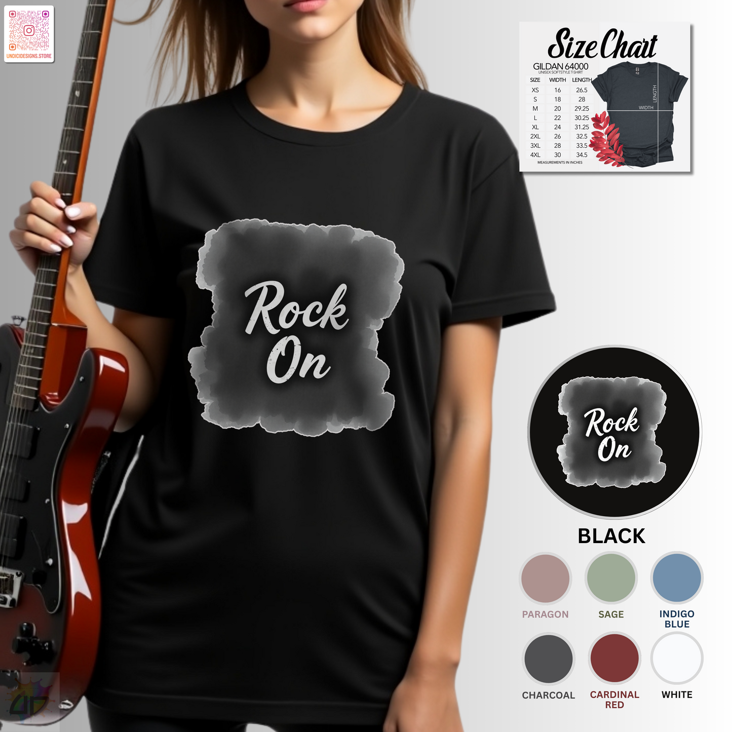 "Rock On" on burnt paper graphic tee.