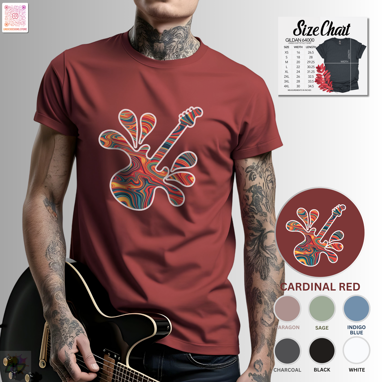 Tie-dye guitar in a vibrant splash graphic tee.