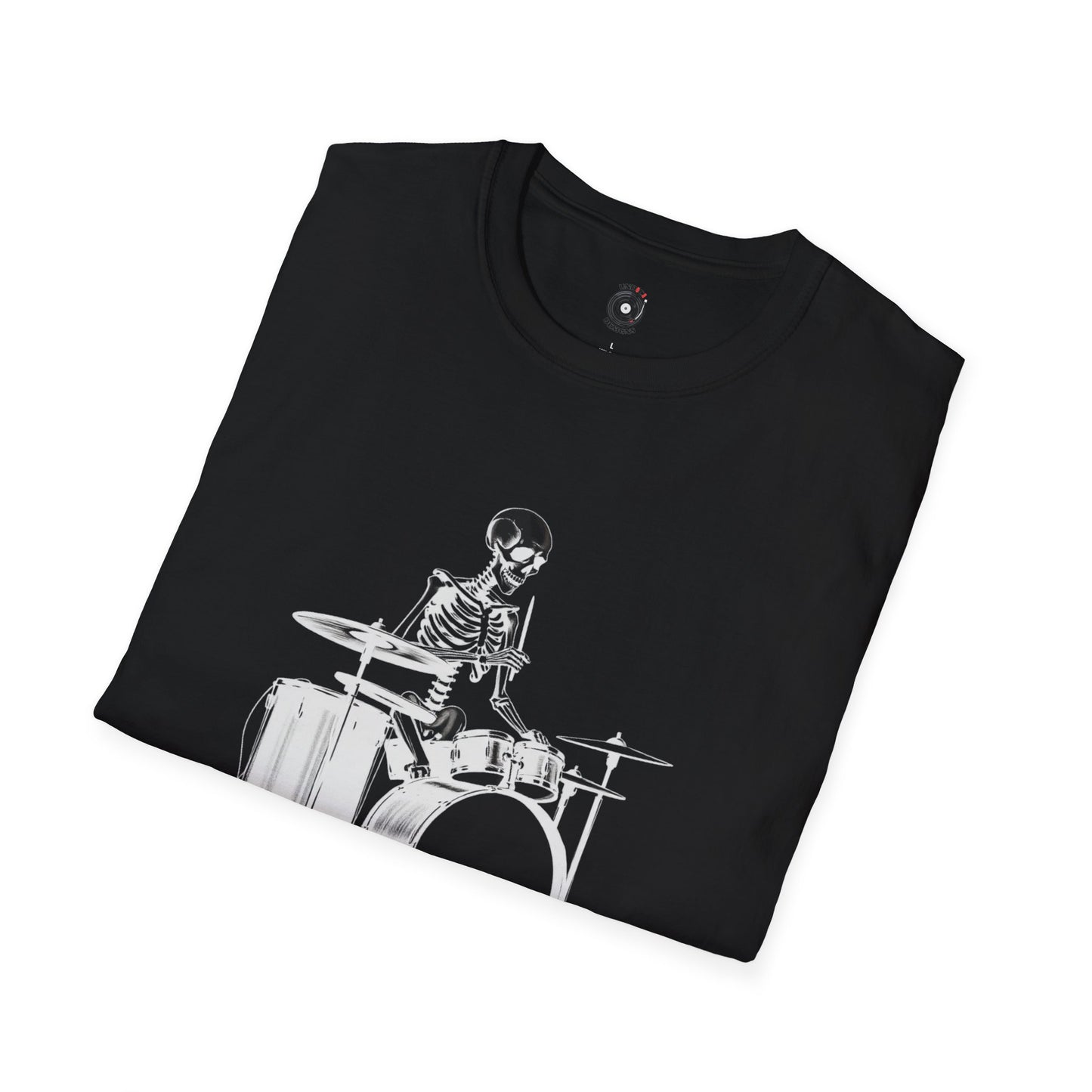 Skeleton silhouette playing drums in a circular background graphic.