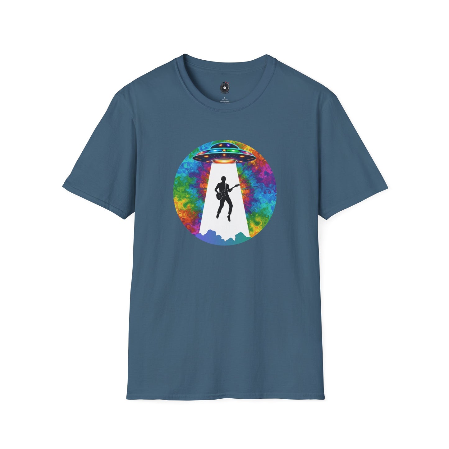 Guitarist Abduction in a Psychedelic Beam Graphic Tee.
