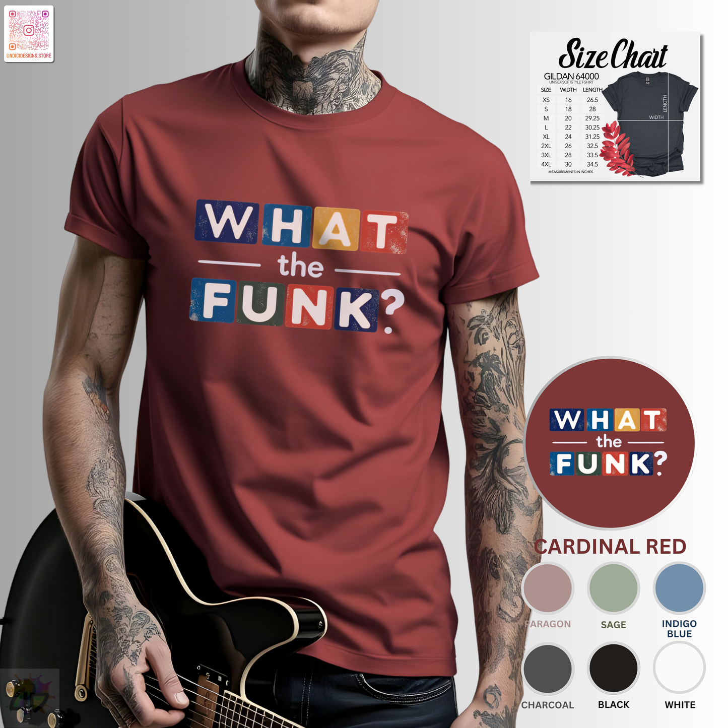 "What the Funk" in colorful highlight graphic tee.