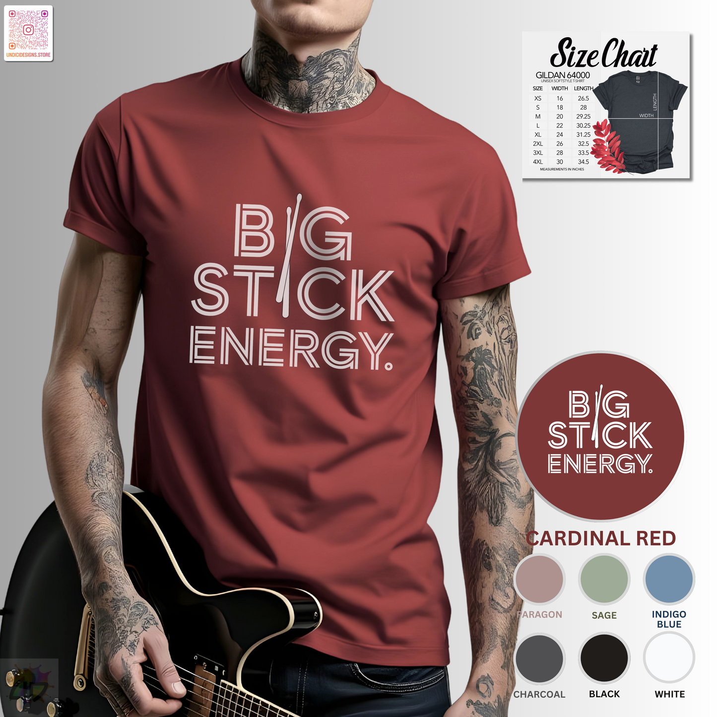 "Big stick energy" with drumsticks text graphic tee.