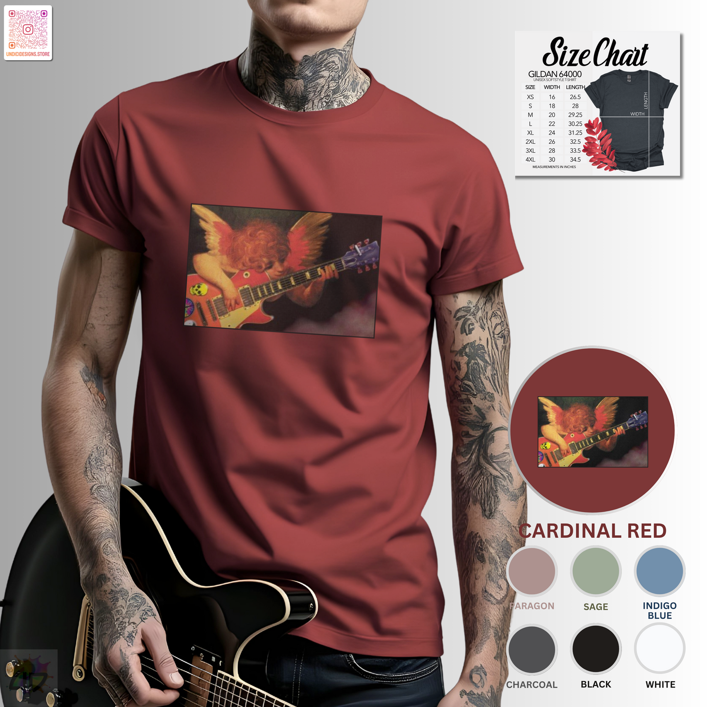 Cherub playing a guitar graphic tee.
