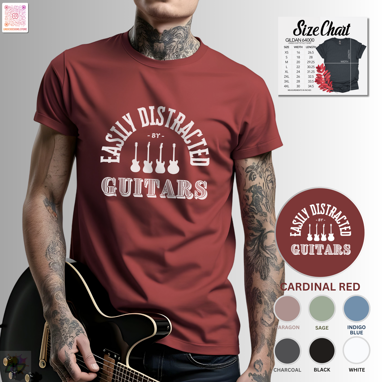 "Easily distracted by guitars" in a radius graphic tee.