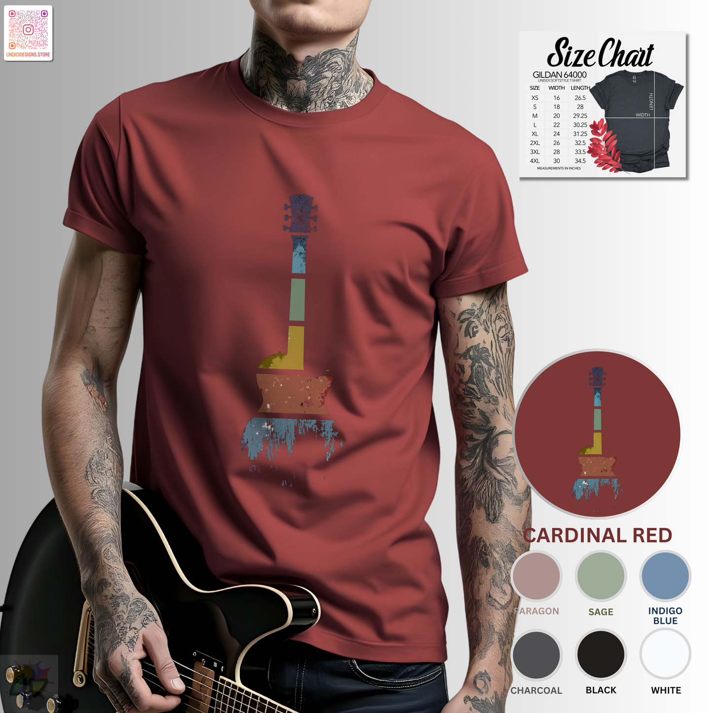 Retro sunset grunge style guitar silhouette graphic tee.