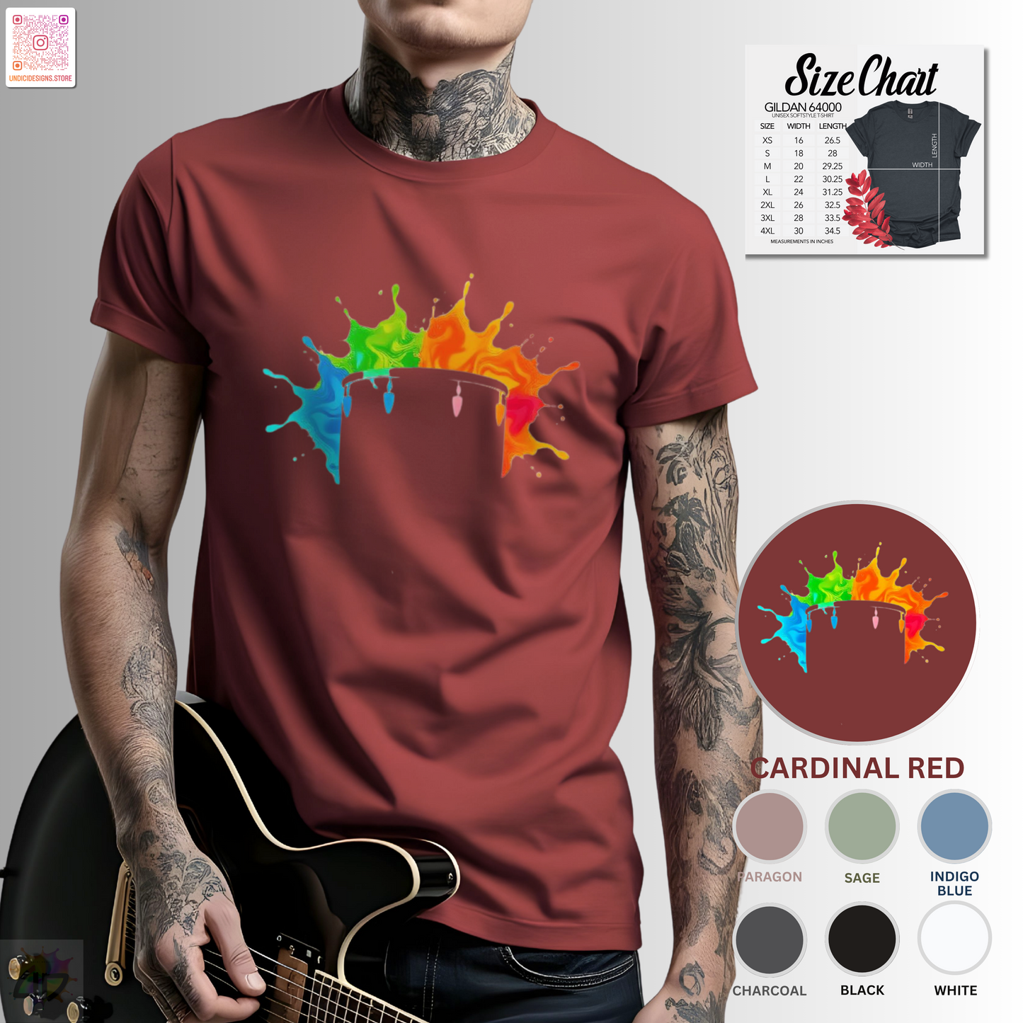 Colorful drum silhouette in a vibrant splash graphic tee.