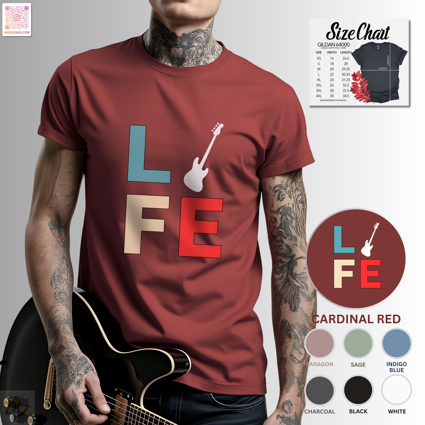 "LIFE" in colorful blocks with a bass guitar graphic tee.