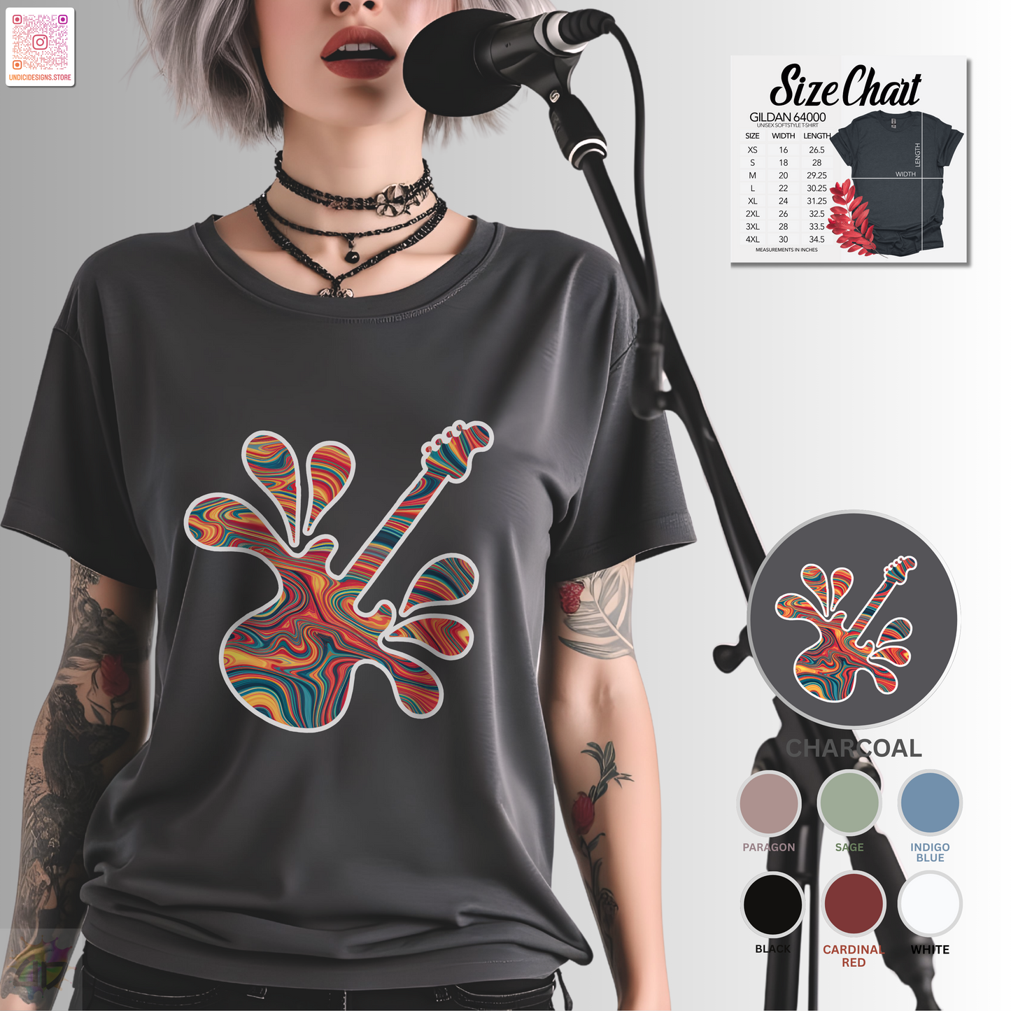 Tie-dye guitar in a vibrant splash graphic tee.