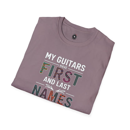 "My guitars have first and last names" colorful text graphic.