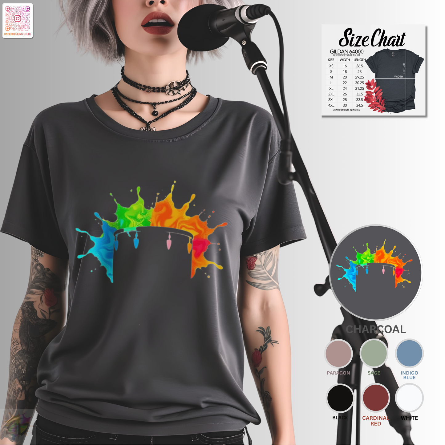 Colorful drum silhouette in a vibrant splash graphic tee.