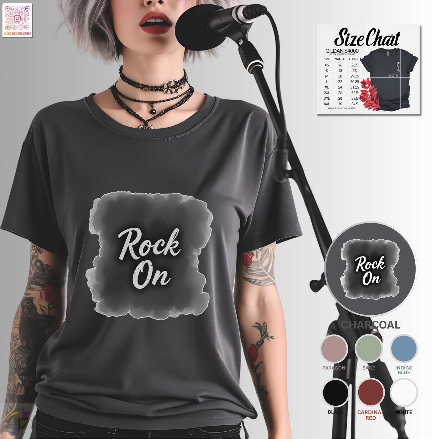 "Rock On" on burnt paper graphic tee.