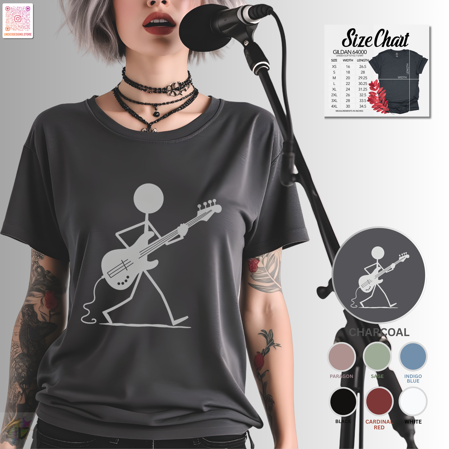 Stick figure walking and playing bass graphic tee.