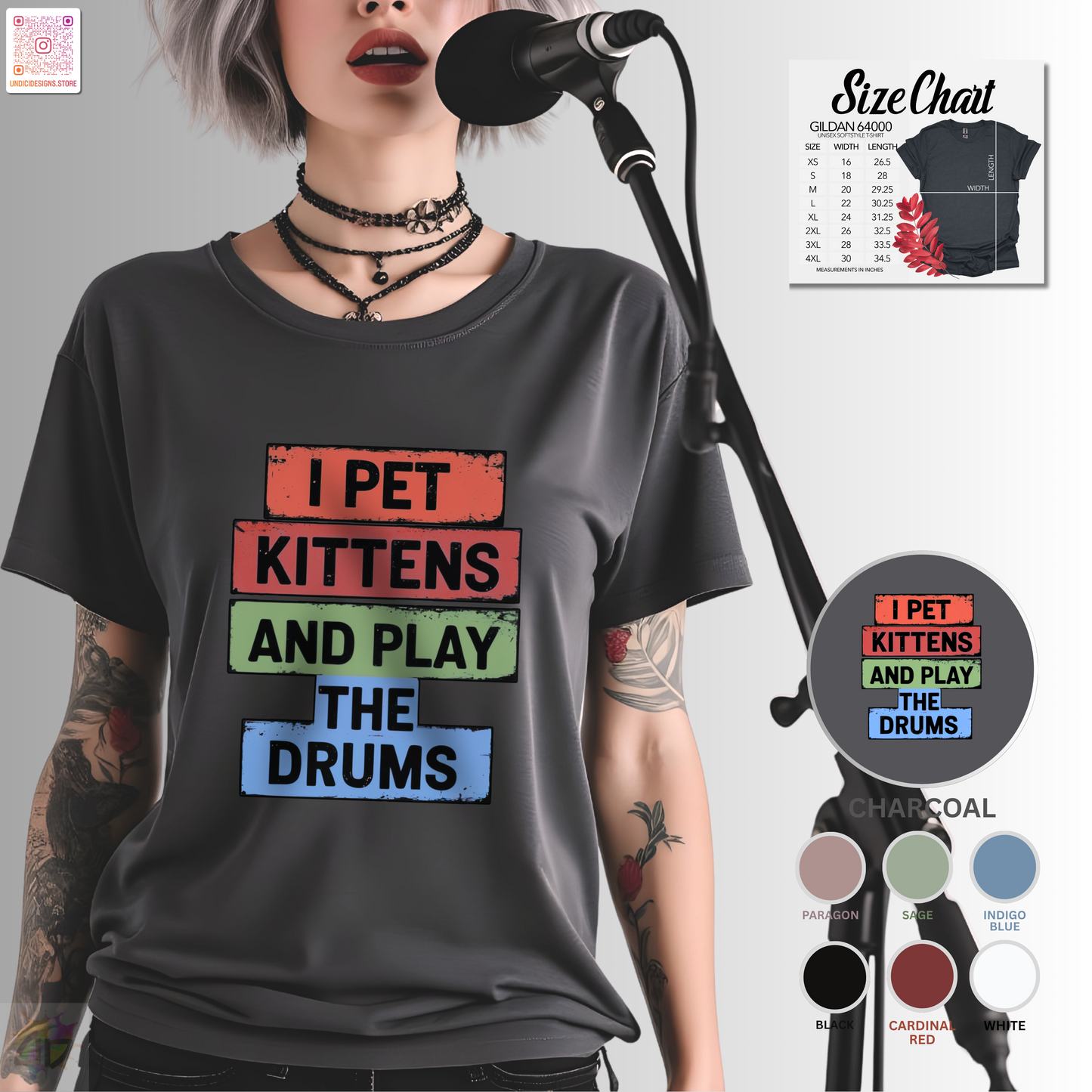 "I pet kittens and play the drums" in colorful highlights graphic tee.