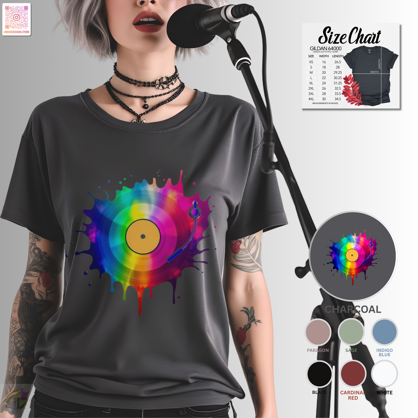 Colorful vinyl record in a multi-colored splash graphic tee.