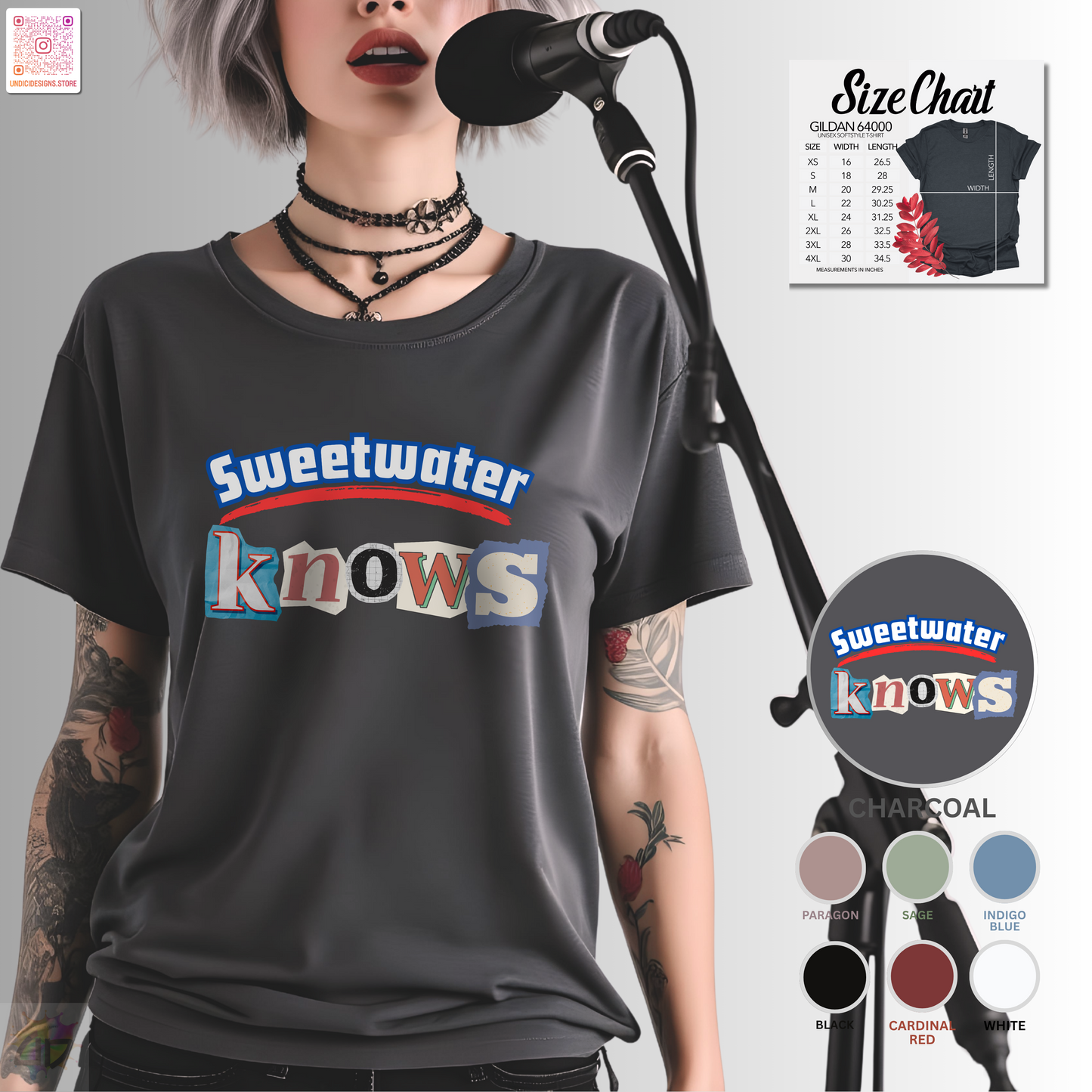 "Sweet water knows" graphic tee with ransom lettering.