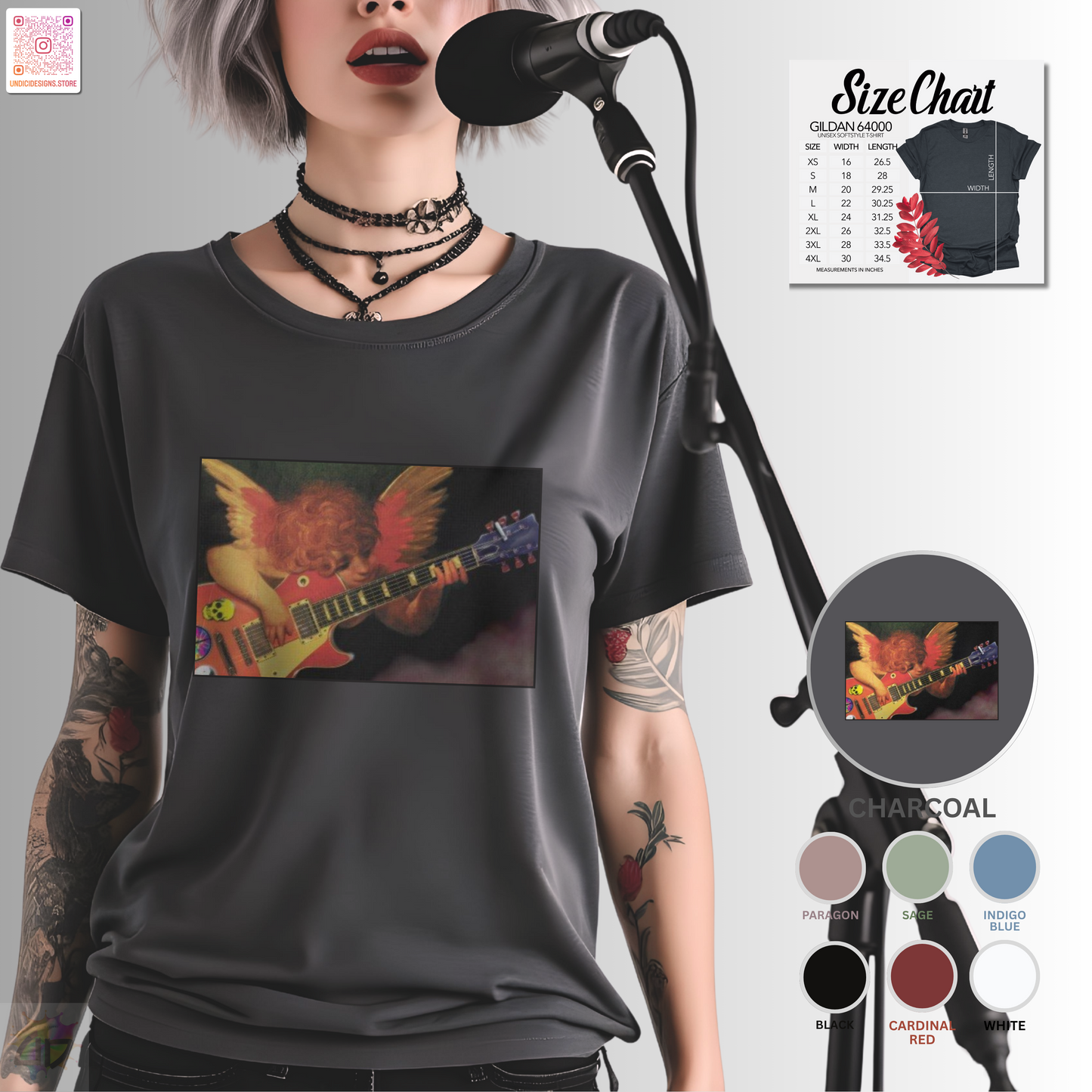 Cherub playing a guitar graphic tee.