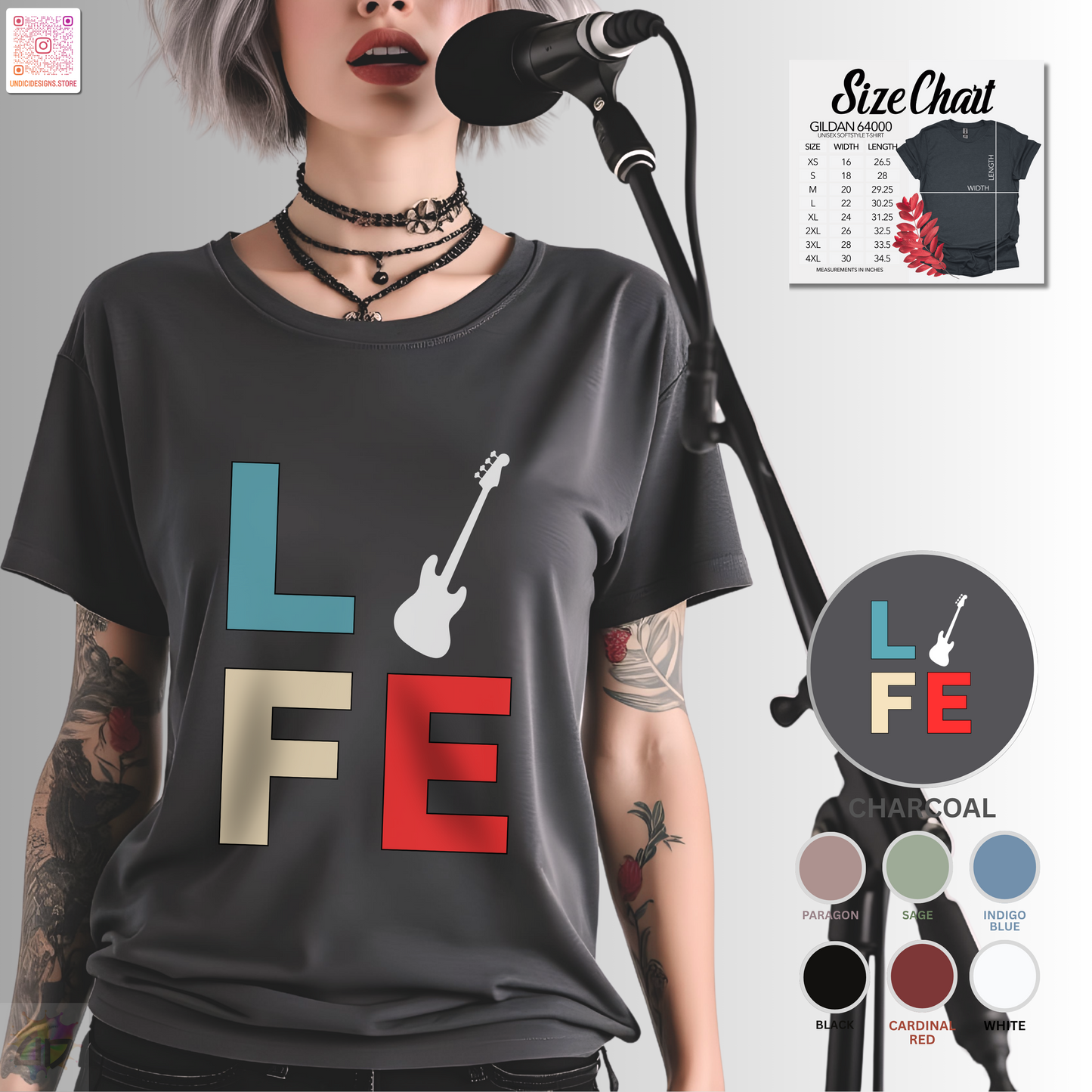 "LIFE" in colorful blocks with a bass guitar graphic tee.