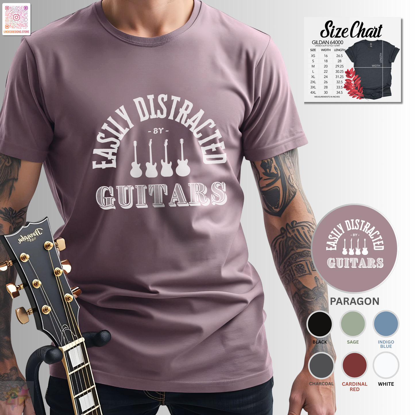 "Easily distracted by guitars" in a radius graphic tee.