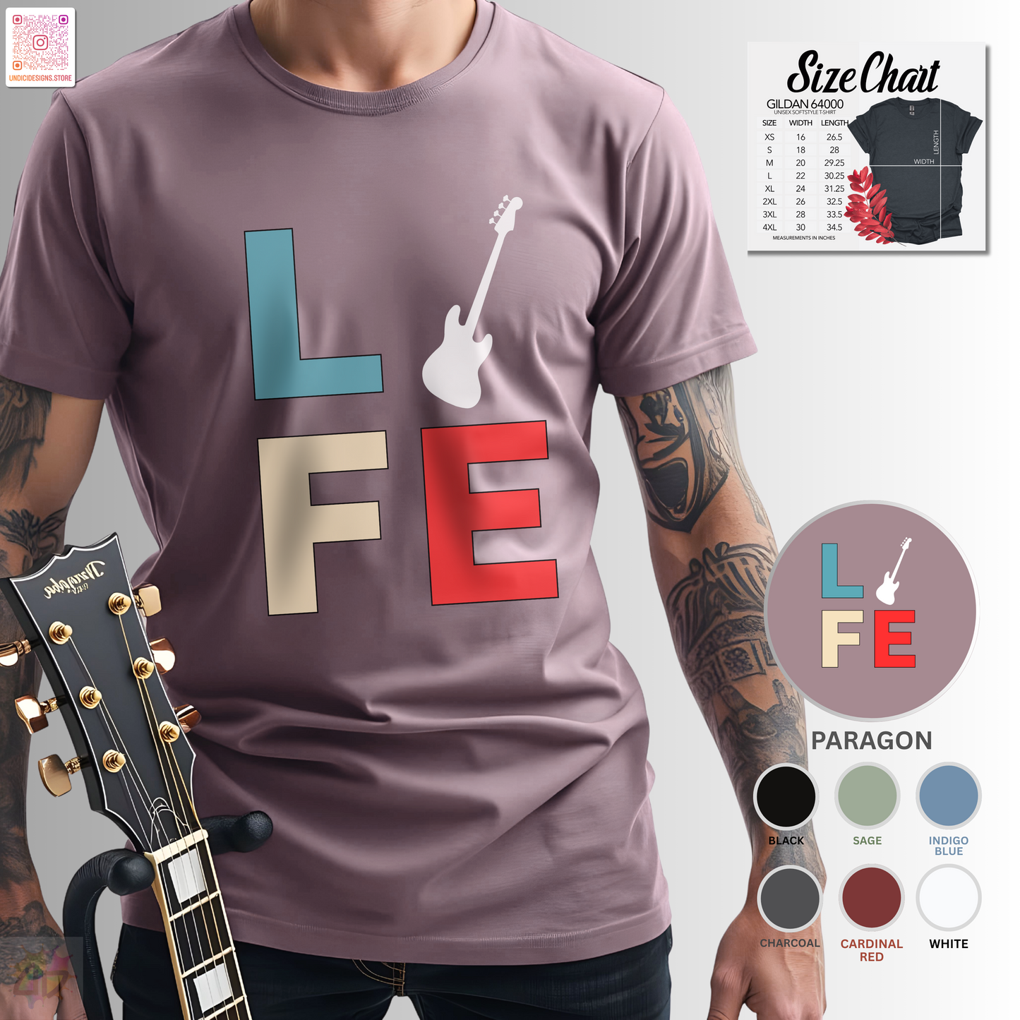 "LIFE" in colorful blocks with a bass guitar graphic tee.