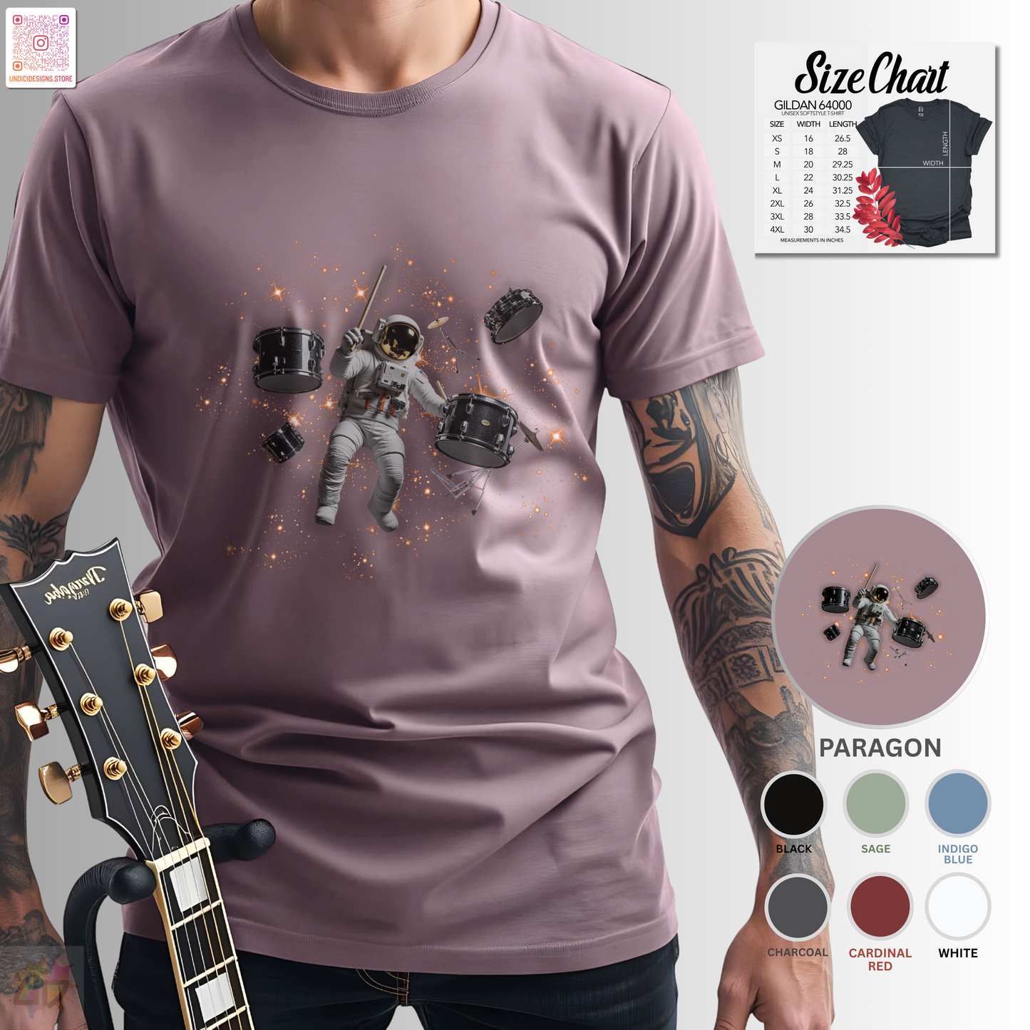 Astronaut Drummer floating in space graphic tee.