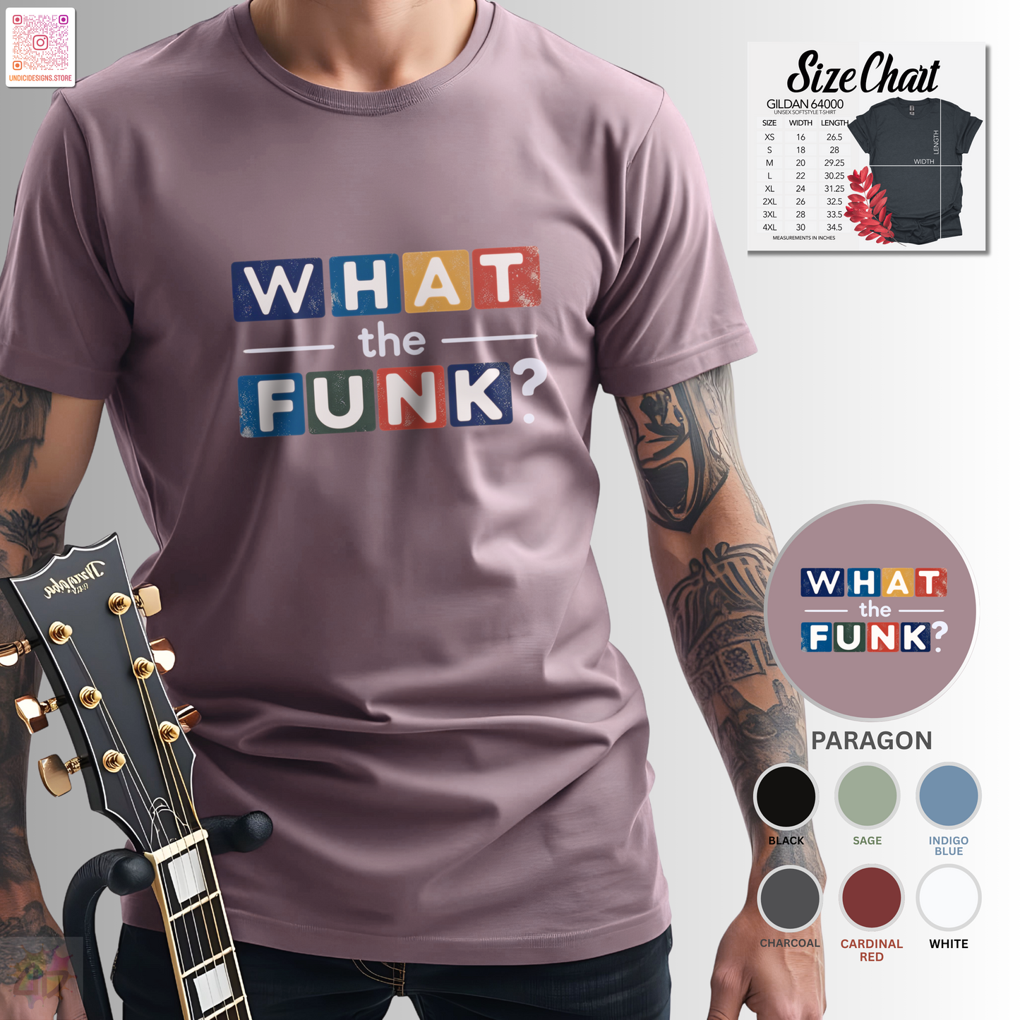 "What the Funk" in colorful highlight graphic tee.