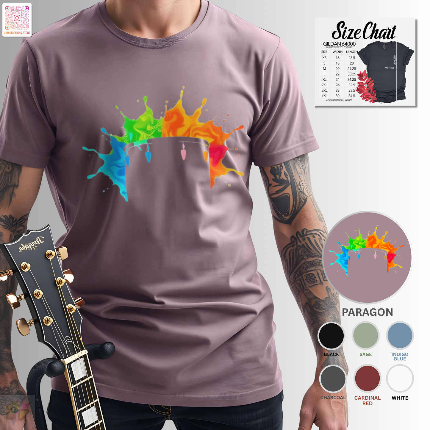 Colorful drum silhouette in a vibrant splash graphic tee.