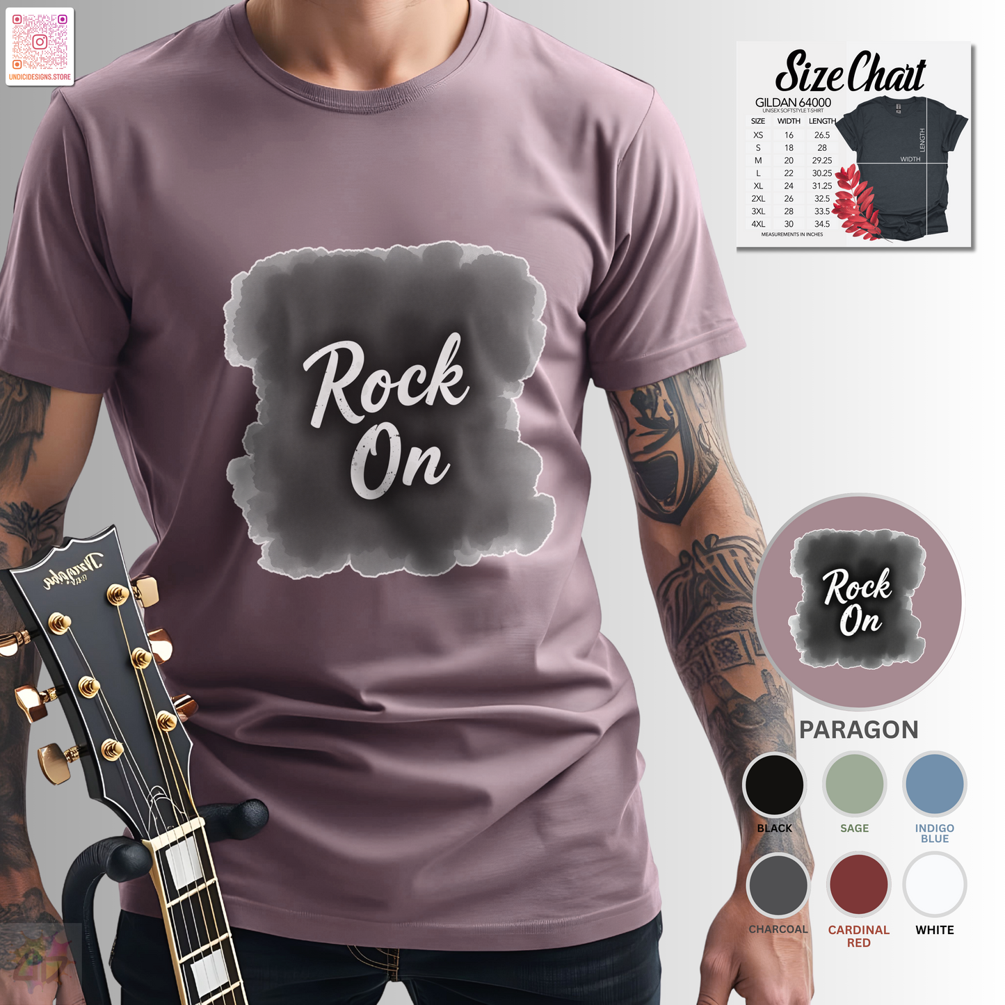 "Rock On" on burnt paper graphic tee.