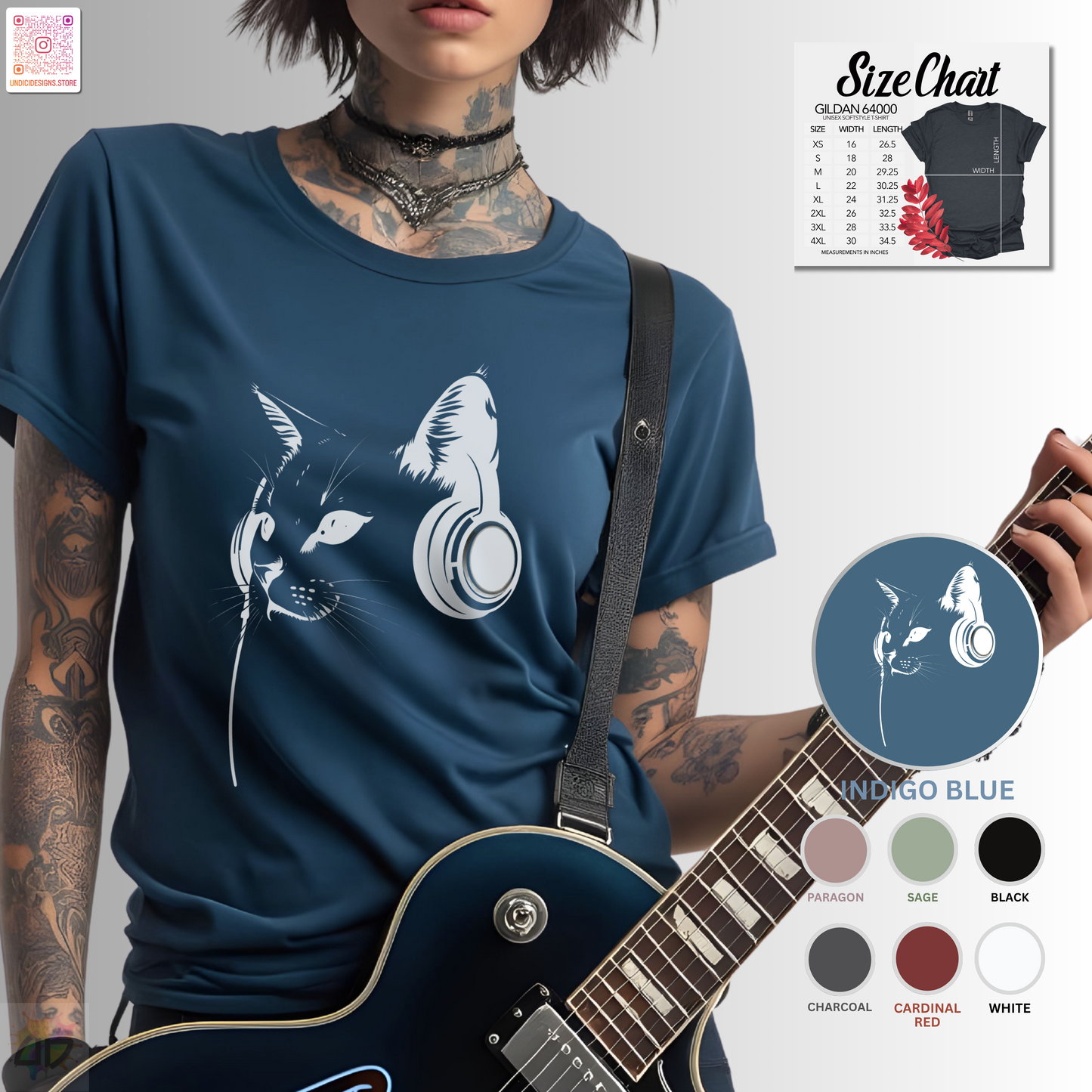 Silhouette of Chuck the Cat wearing headphones in a bust style graphic tee.